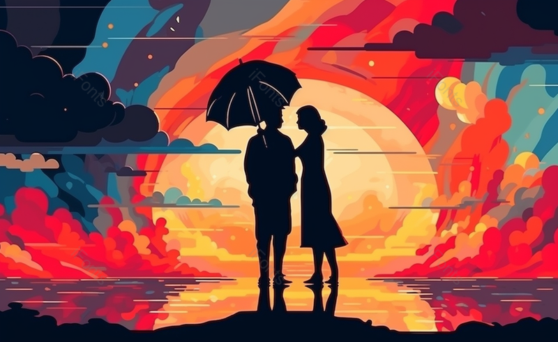 浪漫氛围极光下的情侣插画背景图,插画/手绘图,插画/手绘图库,插画/手绘图下载,插画/手绘